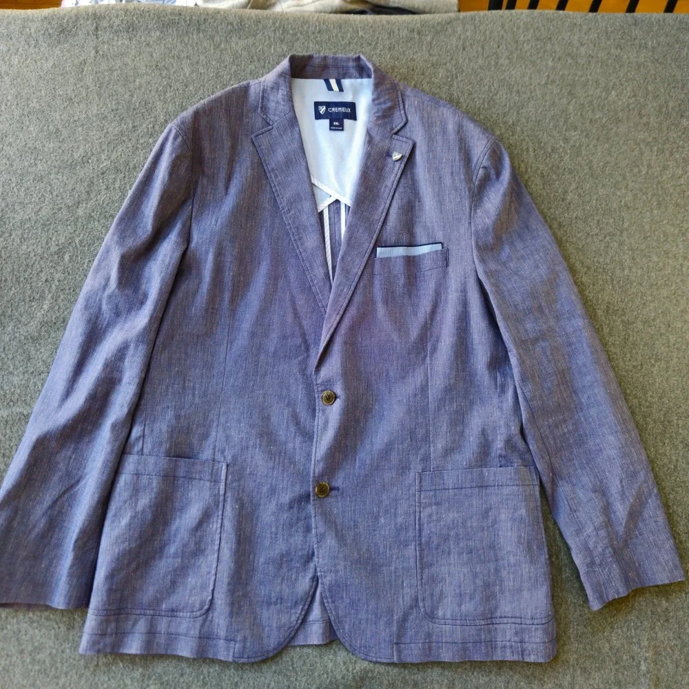 Cremieux Blue Linen Sport Coat XXL Elbow Patch Two Button Butterfly Half Lining